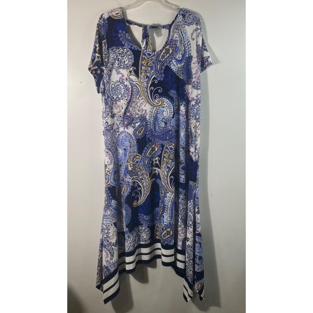 Womens Chicos Asymmetrical Midi Dress Tie Neck Blue White Tan S